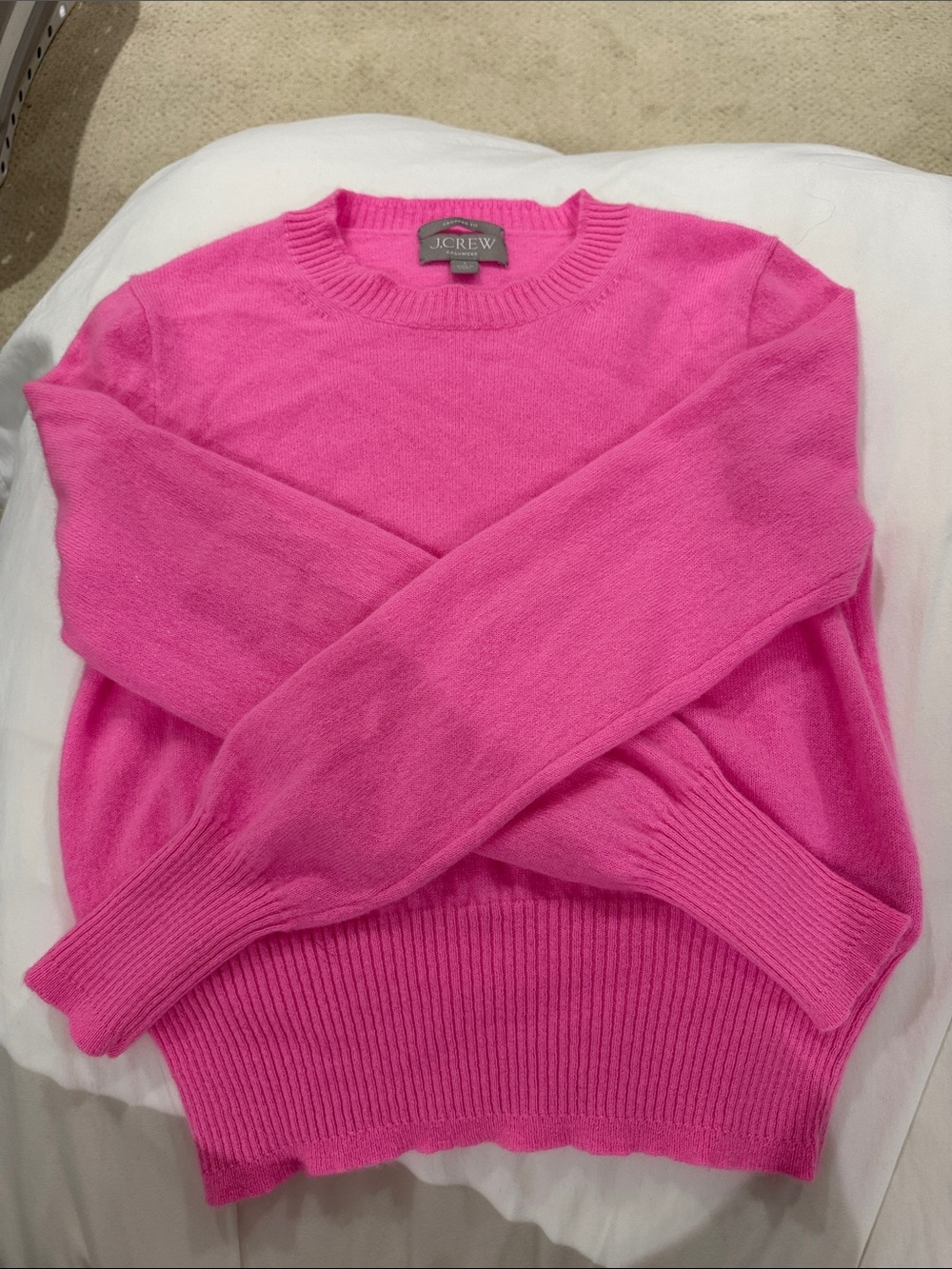 J. Crew Cropped Crewneck Cashmere Sweater in Bright Pink